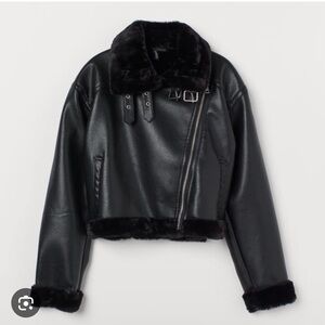 H&M Black Faux Leather Jacket with Fur Trim